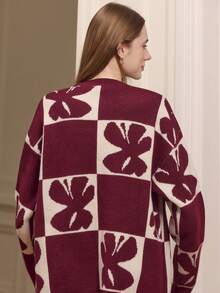 lacRébo Burgundy Loose-Fit Jacquard Knit Cardigan With Floral Check Pattern Summer Women Office New Year Going Out - Multicolor - View 2