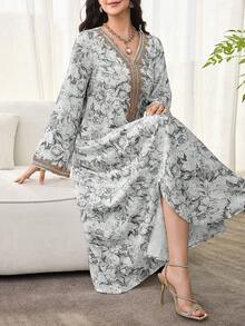 Al Najma 女士花卉印花钩编拼接长袖连衣裙，优雅端庄的A字型卡夫坦长袍，适合晚宴/婚礼宾客/周年纪念/日常穿着 - 彩色 - 查看 5