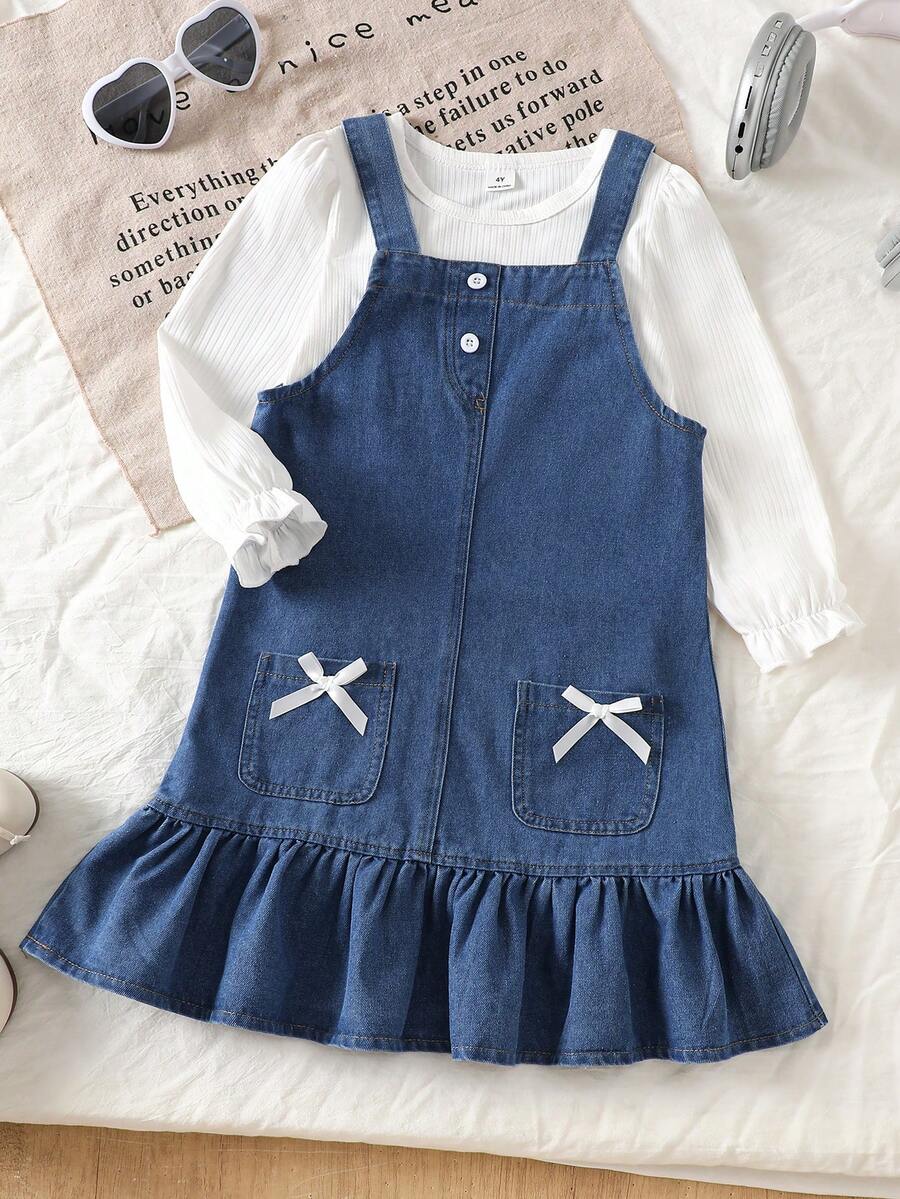 Genkimix Kids 女童蝴蝶结装饰休闲无袖T恤套装，连体衣+牛仔背带裙 - 藍色 - 查看 1