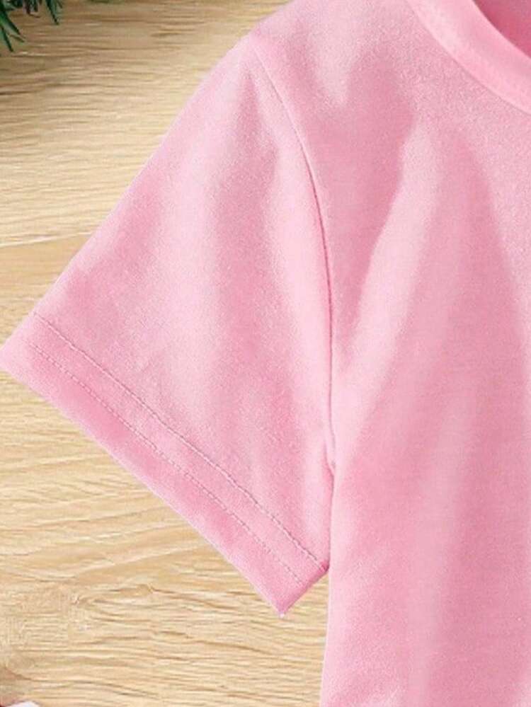Sparklyn Tween Girl Summer & Autumn Casual Fashion Creative Personalized Refreshing Minimalist Cool Virtual Group Character Slogan Graphic Print Relaxed Basic Short T-Shirt, Comfortable Cozy Fall Styles Suitable For Summer & Autumn Vibe, Tops - Pink - View 7