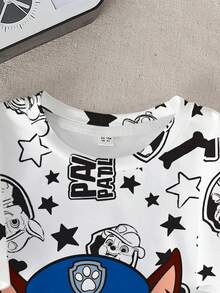 SHEIN | PAW Patrol 男童休闲日常通勤时尚卡通狗和星星字母图案短袖T恤，夏季 - 白色 - 查看 4