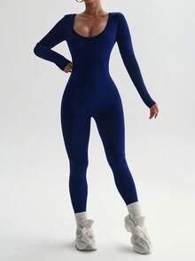 Easithlete 女士纯色圆领露背镂空弹力无缝运动连体裤 - 藏蓝色 - 查看 7