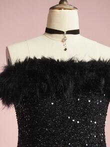 ROMWE Avant Đầm ôm sát mini cổ lông đính sequin thanh lịch, váy dự tiệc gợi cảm - màu đen - Xem 6