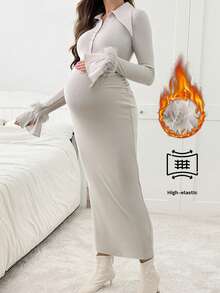 SHEIN 优雅纯色前扣长袖孕妇装 - 卡其色 - 查看 8