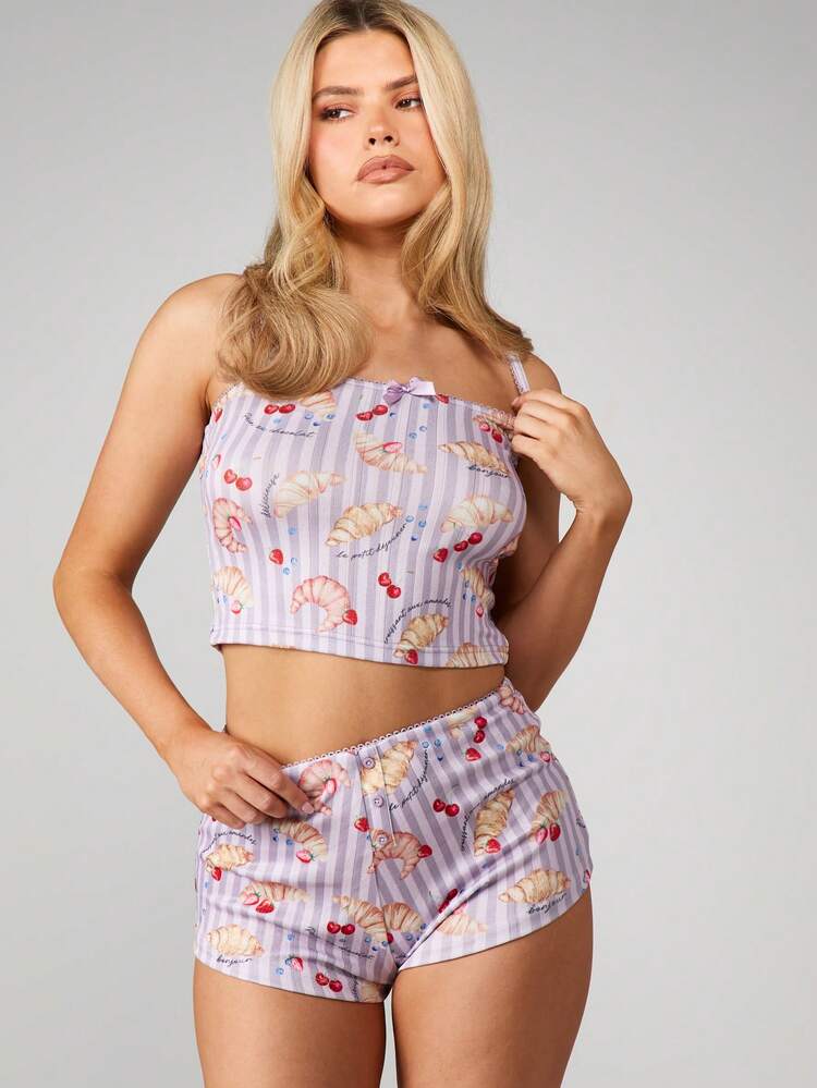 MISSGUIDED Croissant Cherry Print Sleep Shorts For Women Pajama Lounge High Waist Elastic Summer Nightwear Comfortable