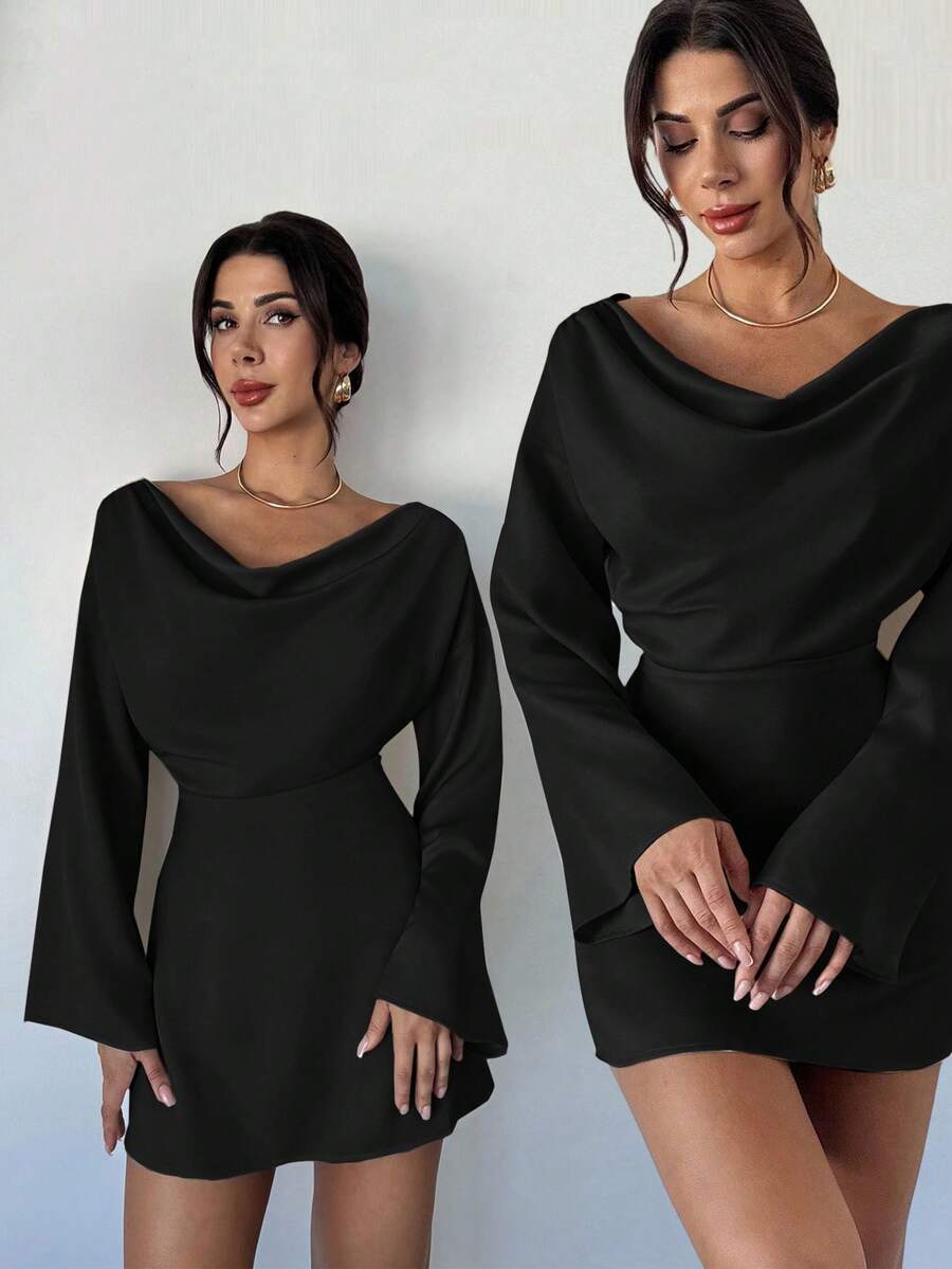 Firerie 杏色船领喇叭袖收腰褶皱连衣裙，适合办公室穿着；新款秋冬简约优雅通勤连衣裙；杏色缎面不对称褶皱领喇叭袖通勤办公室优雅时尚连衣裙；秋季女士外套；婚礼宾客礼服 - 黑色 - 查看 1