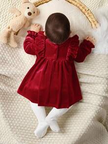 SHEIN Newborn Baby Girl Elegant Cute Velvet Ruffle Trim Long Sleeve Dress, Pink - Red - View 2