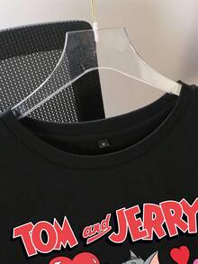 TOM & JERRY X SHEIN Men's Casual Street Daily Commute Funny Cartoon Letter Graphic Loose Fit Black T-Shirt, Suitable For Summer And Valentine's Day - Black - View 3