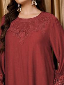 Graceveil 女士圆领长袖长上衣和直筒裤蕾丝拼接宽松休闲高端舒适大码套装 - 珊瑚橙 - 查看 3