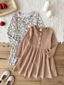 LMoss Kids LMoss 2pcs Young Girl Knitted Solid Color Round Neck Casual Dress Set, Suitable For Everyday Wear, Long Sleeve Dresses, Cozy Fall & Winter Styles, Fall - Multicolor - View 3