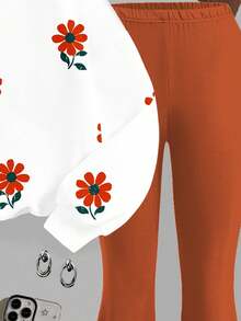 SHEIN Leap Crew Tween Girls Knit Crew Neck Letter Graphic Loose Sweatshirt And Flare Leg Pants 2 Pieces Set, Classic Floral Print - Multicolor - View 4