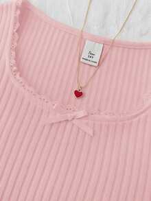 SHEIN Teen Girl Solid Color Round Neck Lace Trim Bow Decor Raglan Long Sleeve Casual Fitted T-Shirt - Pink - View 4