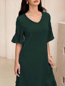 Lacomfia Gaun Midi A-Line Berlipit Leher V Terbaru 2025 untuk Wanita, Musim Panas - Dark Green - View 4