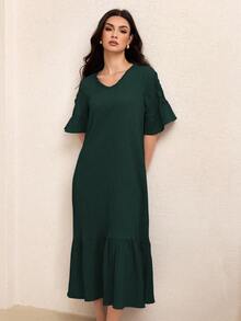 Lacomfia Gaun Midi A-Line Berlipit Leher V Terbaru 2025 untuk Wanita, Musim Panas - Dark Green - View 7
