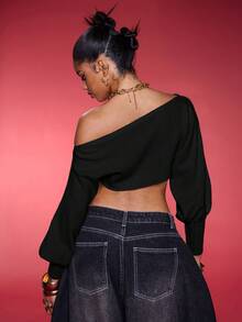 Normani 灯笼袖针织露肩毛衣上衣优雅春假可爱性感90年代夏季甜美缪斯、Y2k上衣伊比沙岛节日秋季冬季日常圣诞节 - 黑色 - 查看 2