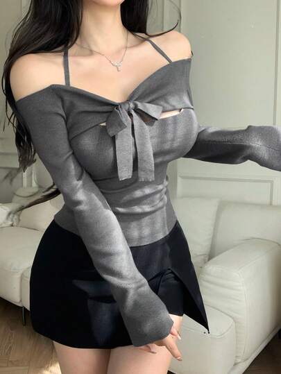 DAZY 女士优雅针织毛衣，系带镂空露肩设计，蝴蝶结装饰，修身腰身，适合新年、圣诞节、婚礼、秋冬季穿着。