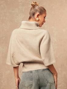 Lumalex Suéter de mujer con cuello alto, mangas murciélago, cintura ceñida, textura, para fiesta de lujo, reunión, banquete, modesto, dinero viejo, coqueto, brillo, fiesta de vacaciones, festival, salida, vacaciones, al aire libre, con capas ricas, temporada de bodas, banquete, Eid Al-Adha, Año Nuevo, vestido de fiesta para principios de primavera, Nochevieja, elegante - Caqui - Ver 3