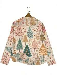 EMERY ROSE 女士休闲 3D 圣诞树针织印花运动衫、圆领套头长袖、女士圣诞运动装 - 彩色 - 查看 2