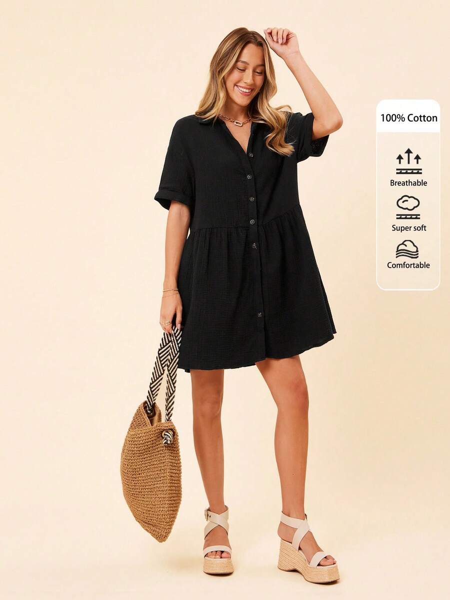 Coeurva Áo sơ mi mùa hè dáng rộng màu trơn dành cho nữ thường ngày có viền xù - màu đen - Xem 1