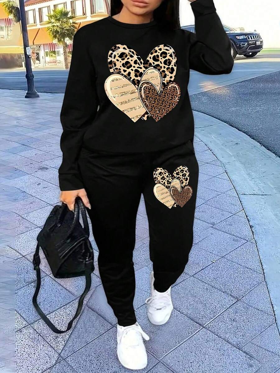EMERY ROSE Valentine's Day Gift, Heart Sweatshirt Set, Retro Valentine's Day Fashion Heart - Black - View 1