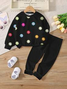 2pcs/Set Teen Girls Casual Floral Print Crew Neck Sweatshirt And Leggings Set, Comfortable For Autumn/Winter - Multicolor - View 2