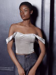 lacRébo 银色丝绒露肩束身胸衣，适合派对、圣诞节、约会之夜，可爱复古风。 - 淺灰色 - 查看 3