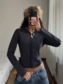 StreetHx Women's Y2K Streetwear Vintage Striped Long Sleeve Casual Fitted Shirt, Black Street Style Tops For Women, Autumn/Winter - Navy Blue - View 4