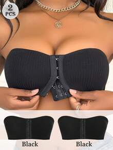 SHEIN 2件套黑色前扣可调节加厚文胸套装，易于穿着的女士内衣 - 黑色 - 查看 2