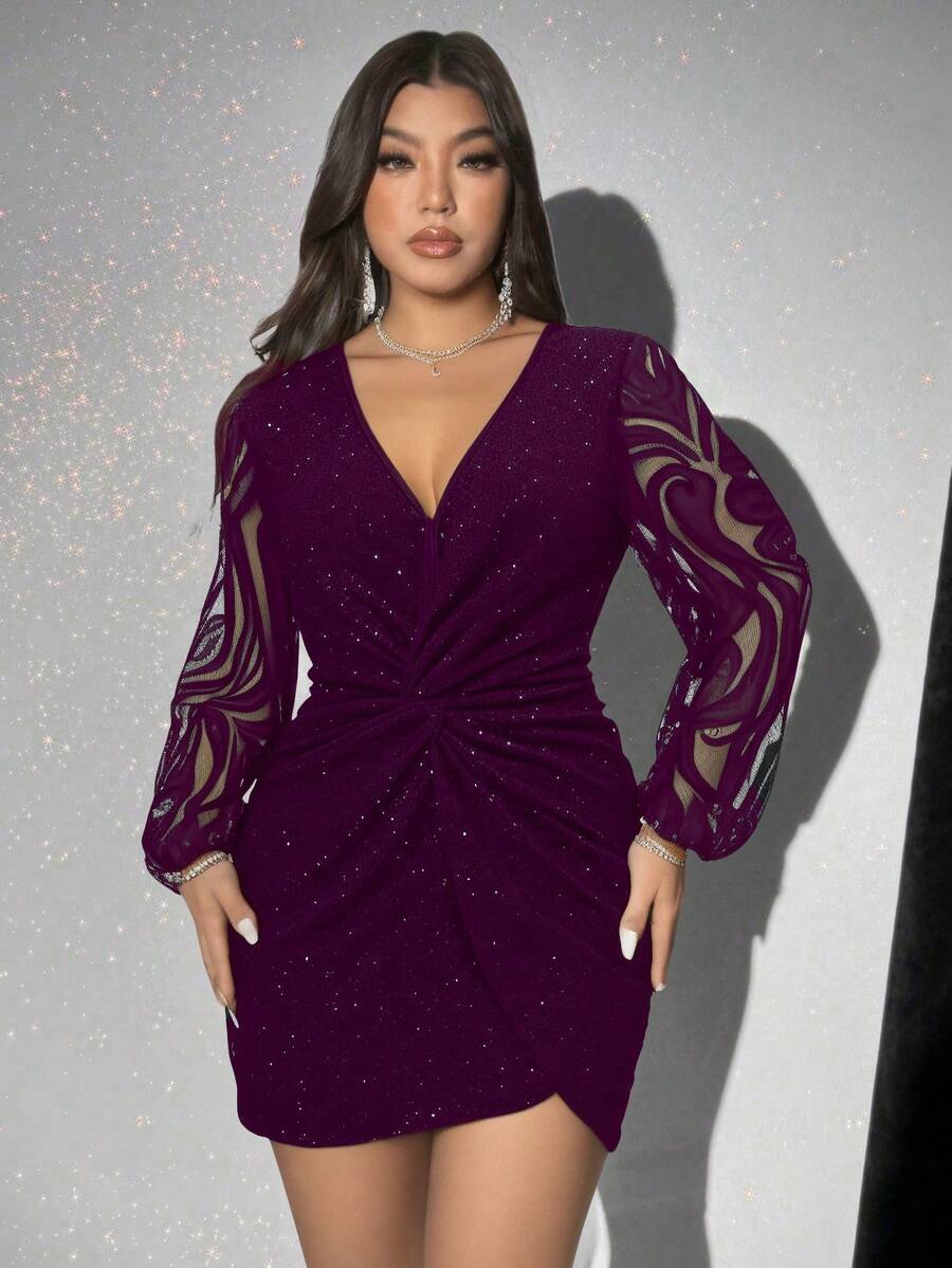 Viva Relle Plus Size V-Neck Lace Long Sleeve Simple Sequin Embellish Casual Dress,Valentine - Purple - View 1