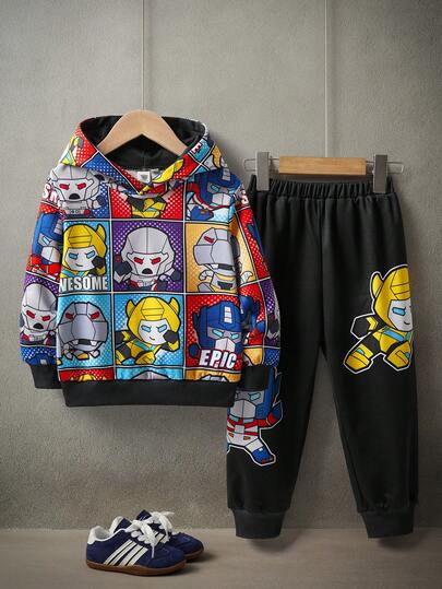 Transformers X SHEIN 2pcs/Set Young Boy Cute Cartoon Robot Print Drop Shoulder Hooded Sweatshirt And Sweatpants Knit Sporty Casual Outdoor Outfit