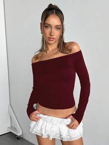 SHEIN EZwear 女士露肩修身休闲长袖T恤，酒红色，春秋季 - 酒紅色 - 查看 10