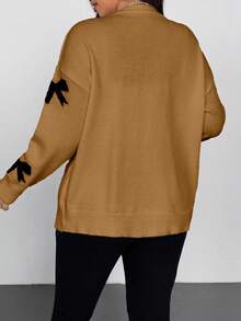 Vionelle Áo len cardigan dệt kim nơ màu cỡ lớn cho nữ, áo len mềm mại cổ chữ V dáng rộng thoải mái, đa năng cho mùa thu/đông - Màu Khaki - Xem 2