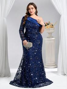 Coutiva Plus Size Autumn And Winter Elegant Luxury Satin Splicing Sequins Slant Neckline One Shoulder Sleeve Design Mermaid Hem Formal Evening Dress, Suitable For Wedding Guests, Graduation Ceremony, Birthday Dress, Christmas Dress