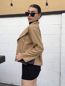 Andrea Bello 女士休闲通勤短款夹克，独特设计复古翻领风衣轻薄外套 - 卡其色 - 查看 6