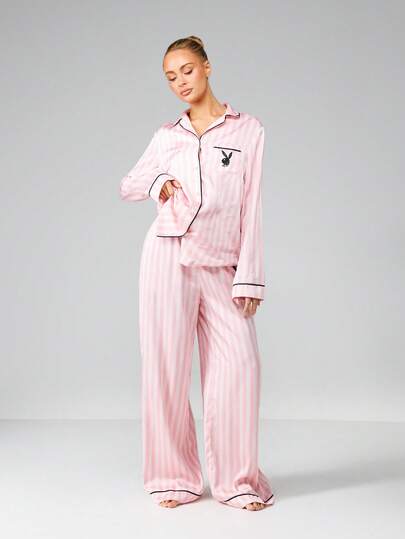 Missguided x Playboy Conjunto de pijama con camisa abotonada a rayas y pantalón de pierna ancha con cuello, manga larga, ropa de estar en casa, ropa de dormir, cómoda, suave y de corte holgado