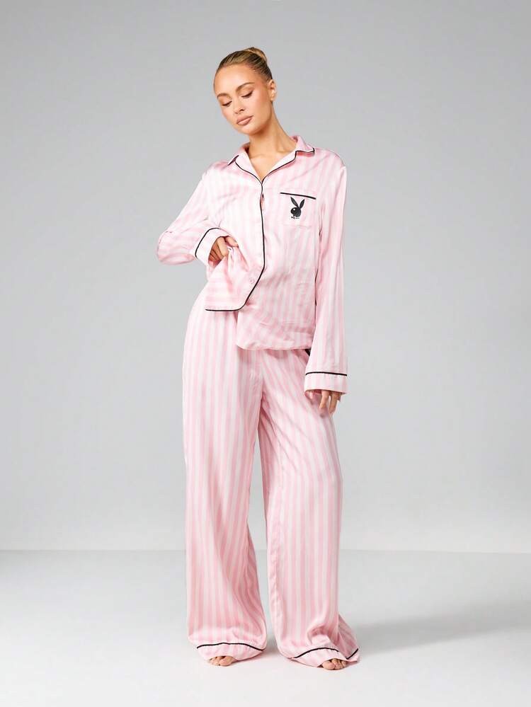 Missguided x Playboy Christmas Striped Button Down Shirt And Wide Leg Trouser Pajama Set With Collar Long Sleeve Loungewear Sleepwear Nightwear Comfortable Soft Oversized Relaxed Fit