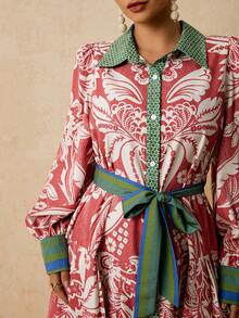 Travachic 大码女式波西米亚风印花长袖衬衫裙，休闲度假长裙，秋冬款 - 紅色 - 查看 4