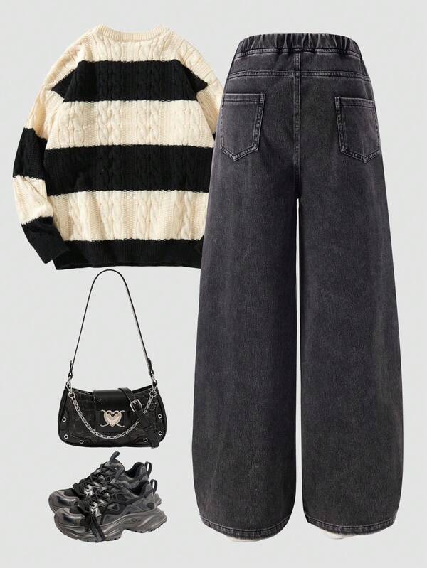 SHEIN 少女休闲宽松直筒牛仔裤，针织牛仔面料，柔软舒适，深灰色，适合度假、户外派对等场合，新品上市