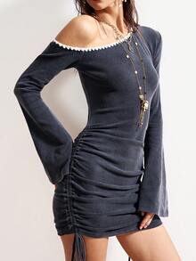 Bohemela Casual Solid Color Knit Mini Dress For Women - Black - View 7