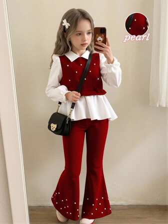 Elladie kids Girls' Casual Shirt Set, Khaki Bow Design, Beaded Knit Ribbed Fabric, White Long Sleeve Collared Ruffle Hem Blouse Top Paired With Khaki Pearl Flared Pants, 2pcs Set, Suitable For Back To School, Casual, Fashion, Sweet, Comfortable Outdoor Travel Outfit Fall Winter