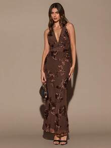 SHEIN BAE 纯色卡其色、咖啡色、棕色花卉图案深V领鱼尾下摆针织连衣裙，适合秋冬季叠穿，也适合鸡尾酒会、浪漫约会、正式聚会、伴娘礼服、晚礼服、万圣节和圣诞节等场合。 - 棕色 - 查看 3