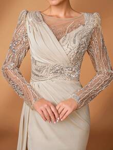 Serin Váy đuôi cá tay dài thanh lịch, đính cườm và sequin, họa tiết hoa, xẻ tà bên hông, phù hợp làm váy dạ hội cho mẹ cô dâu - Rượu sâm banh - Xem 2