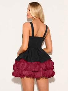 Glamine Charm Elegant Party Color Block Mini Cocktail Dress - Burgundy - View 2