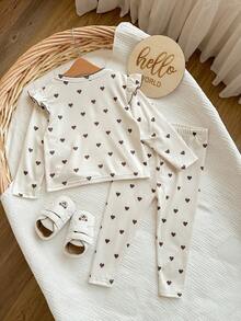 2pcs Babygirl Casual Cute Polka Dot Knit Long Sleeve Top And Elastic Waist Pants Set