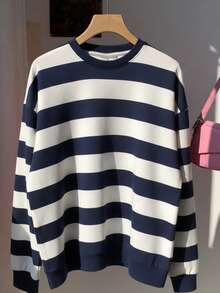 Sparklyn Hanorac retro bleumarin francez pentru fete adolescente, cu dungi late, color block, guler rotund, lejer, cu mânecă lungă, grosime confortabilă, nu pufoasă - Stil casual lejer, potrivit pentru naveta zilnică/întâlniri la cafea/ținute de stradă pentru facultate - Ideal pentru purtare zilnică de primăvară/toamnă - Multicolor - Vizualizare 1