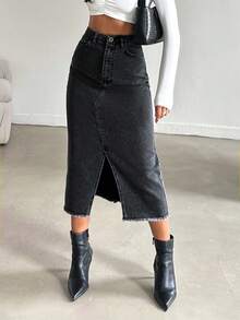 SHEIN PETITE Petite High Waist Front Slit Denim Skirt - Black - View 1