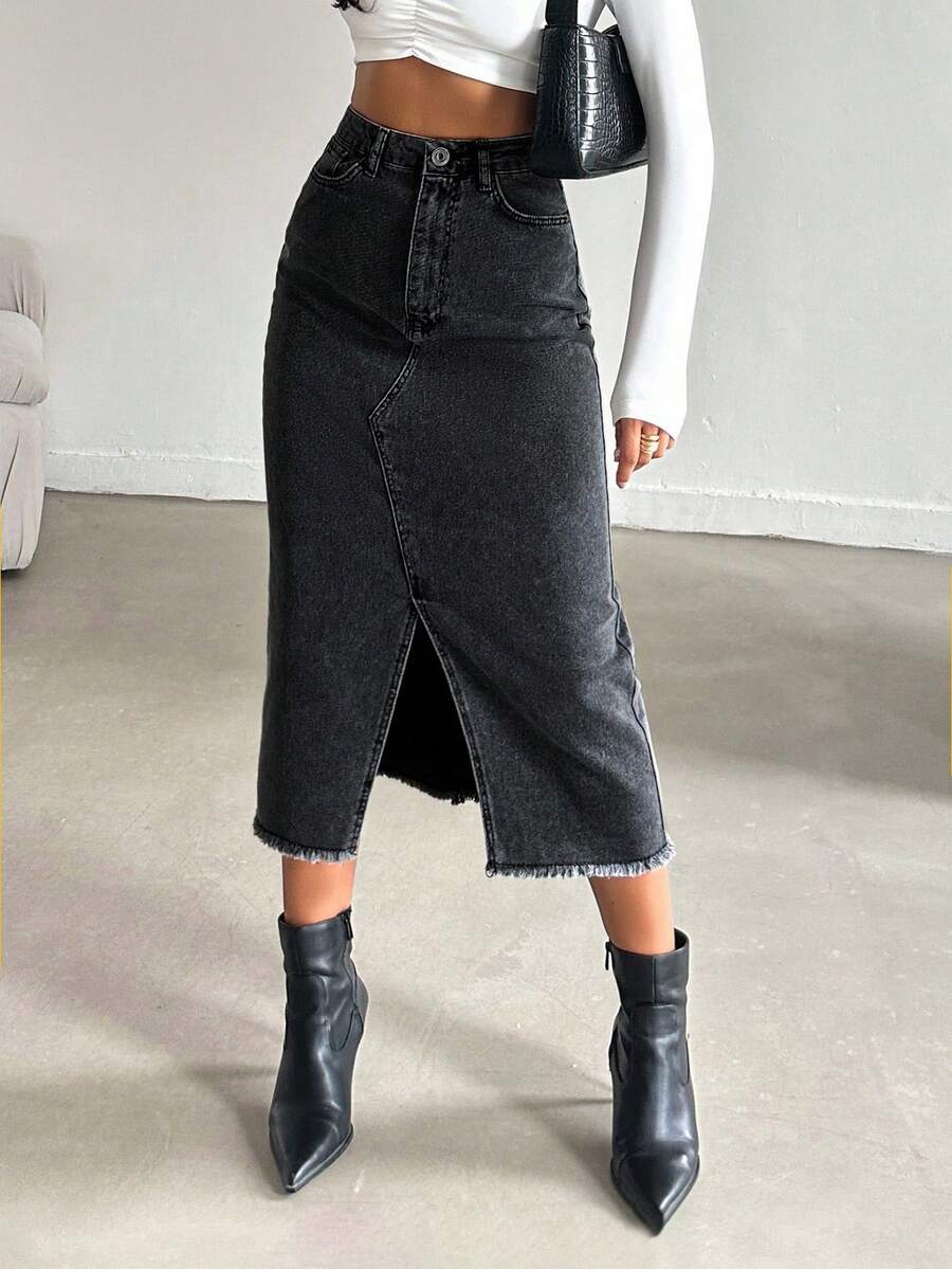 SHEIN PETITE Petite High Waist Front Slit Denim Skirt - Black - View 1