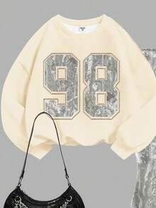 SHEIN Leap Crew 女童秋季迷彩树枝树叶图案，运动数字98印花，复古甜美美式校园风格，城市漫步街头风，休闲校园运动，女童针织圆领字母图案宽松卫衣和喇叭裤两件套，复古街头风，轻松舒适，儿童秋季叠穿，2000年代风格，Y2K服饰，冬装，运动服 - 彩色 - 查看 4