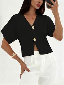 Aloruh Áo khoác cardigan mỏng tay ngắn màu trơn dành cho nữ, thích hợp khi đi làm - màu đen - Xem 4