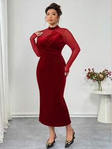 Elenzga 大码女式天鹅绒拼接紧身连衣裙，高弹力，3D立体塑形，性感优雅，适合派对、下午茶、通勤、时尚外出等场合，黑色 - 紅色 - 查看 4